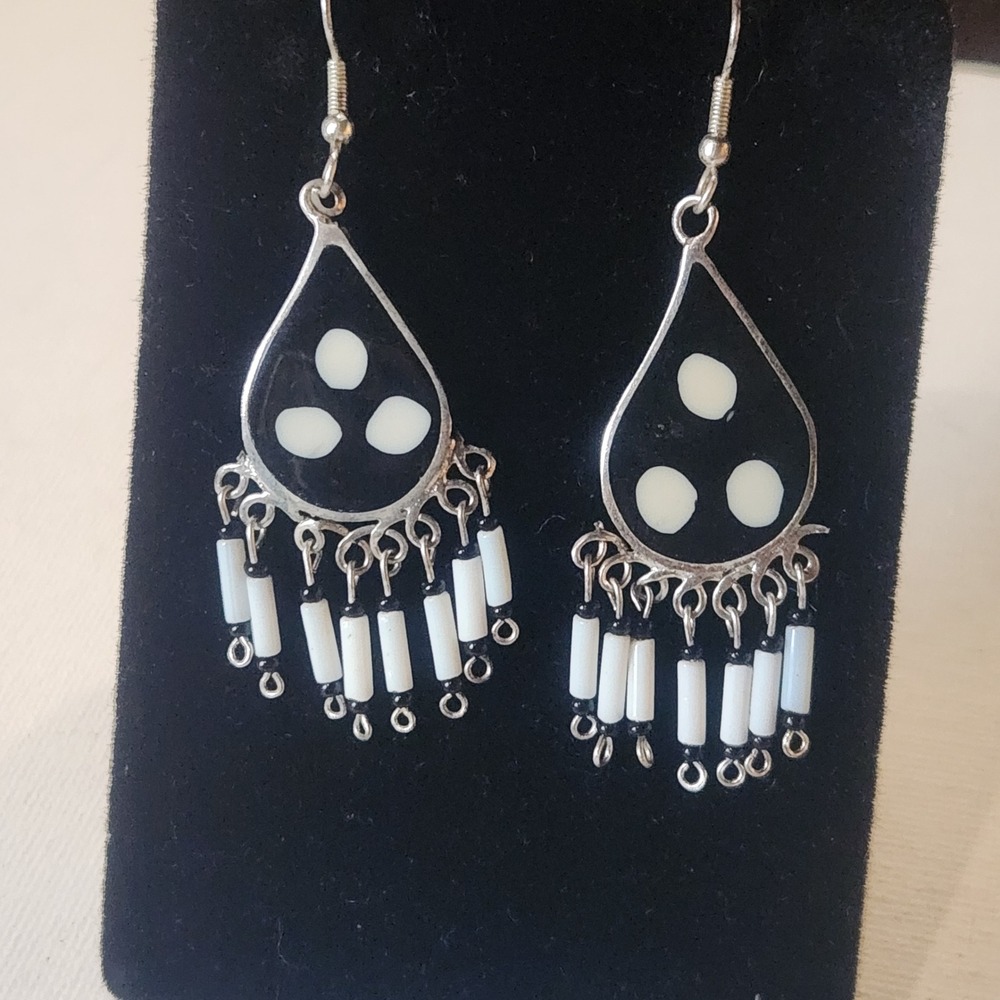 Vintage Black White Teardrop Beaded Fringe Dangle Earrings Silver Tone Boho